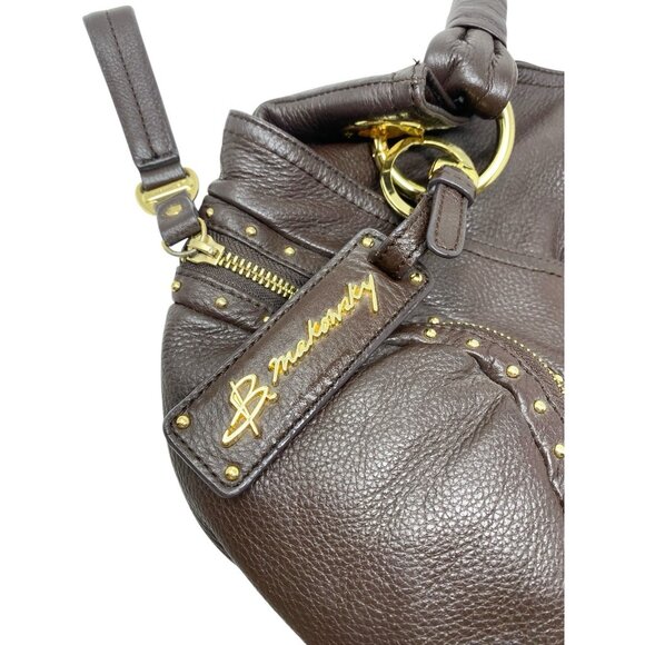 B Makowsky Dark Brown Leather Hobo Shoulder Studded Handbag Purse Logo Keychain - Picture 2 of 9